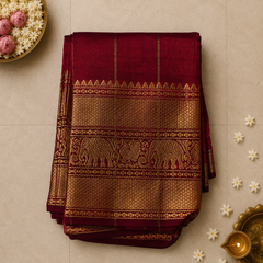 Pure Mangalagiri Silk by Cotton Saree in Maroon with Zari Elephant Motifs