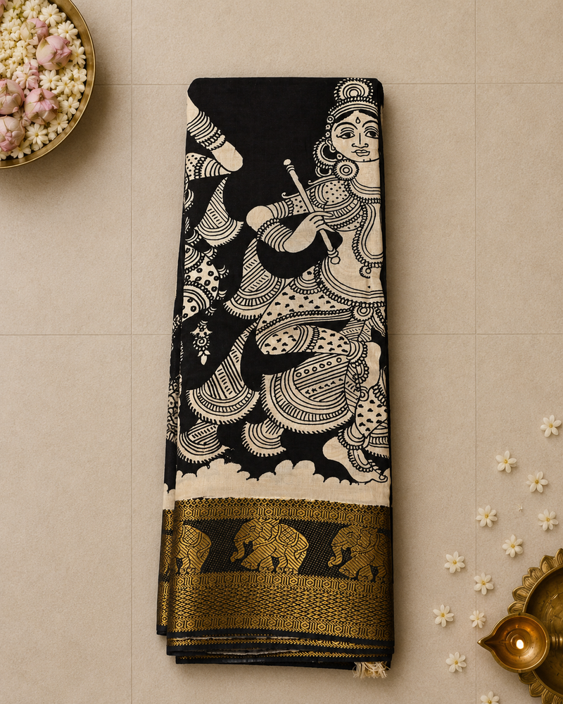 Pure Bangalore Silk Pen Kalamkari Saree in Black & Ivory with Gold Zari Elephant Border