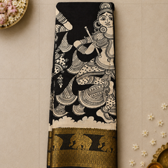 Pure Bangalore Silk Pen Kalamkari Saree in Black & Ivory with Gold Zari Elephant Border