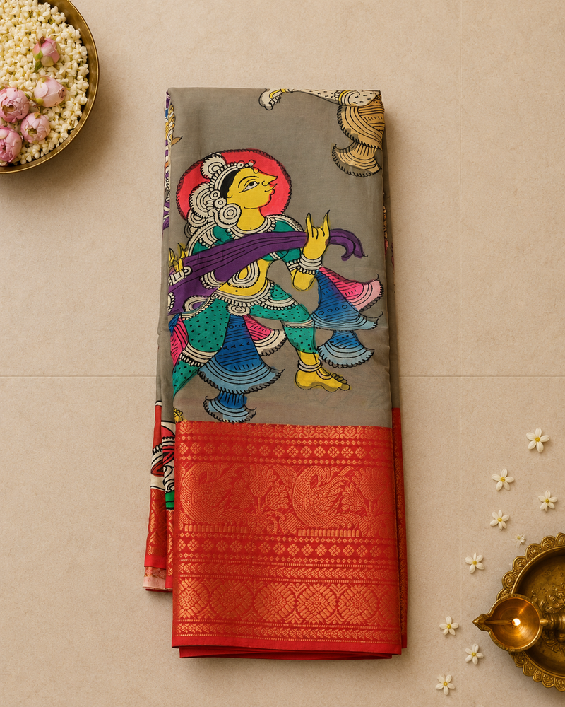 Hand-Painted Pen Kalamkari Mangalagiri Silk Saree in Grey with Red Zari Border