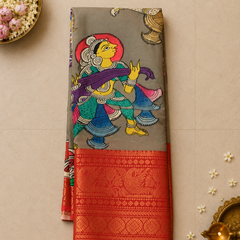 Hand-Painted Pen Kalamkari Mangalagiri Silk Saree in Grey with Red Zari Border