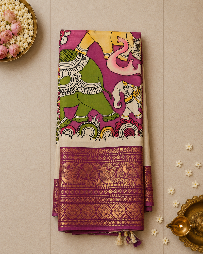 Mangalagiri Silk Pen Kalamkari Saree in Violet with Mythical Motifs