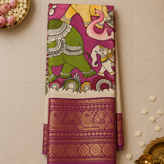 Mangalagiri Silk Pen Kalamkari Saree in Violet with Mythical Motifs