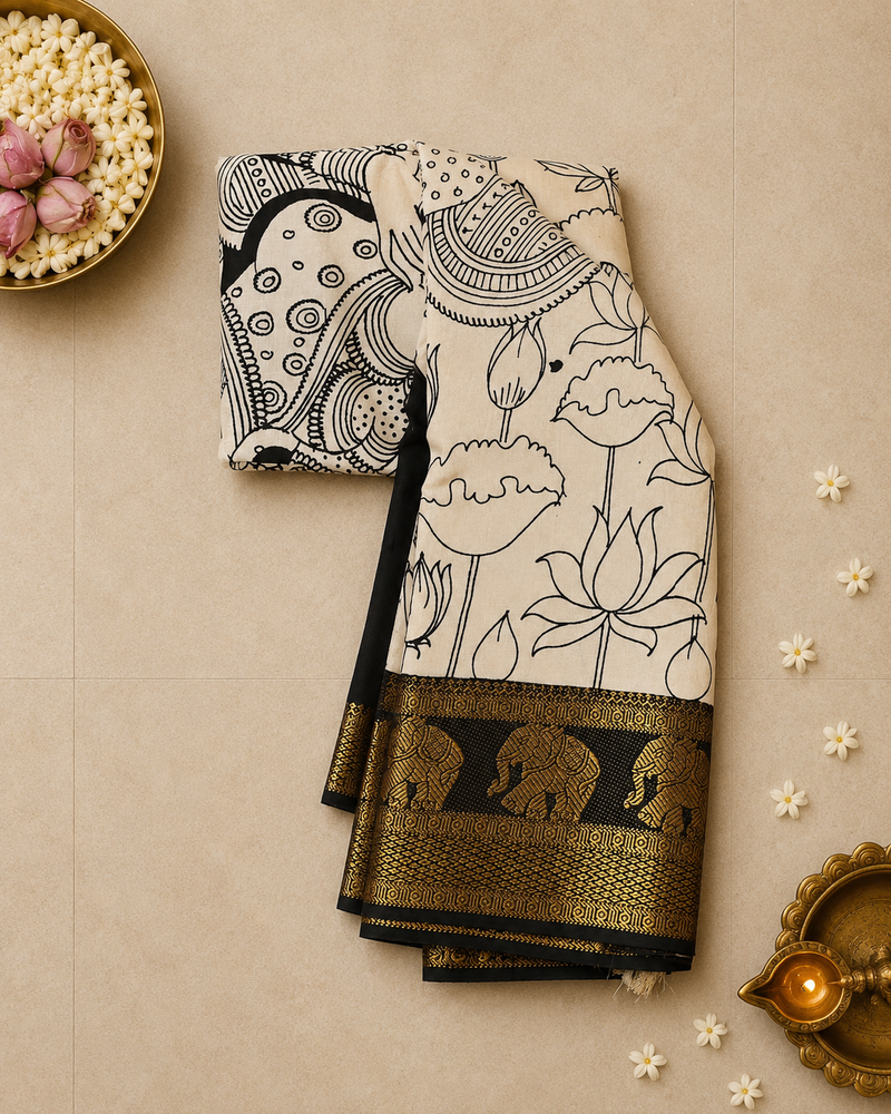 Pure Bangalore Silk Pen Kalamkari Saree