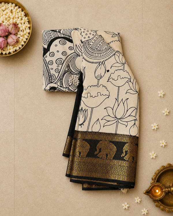 Pure Bangalore Silk Pen Kalamkari Saree