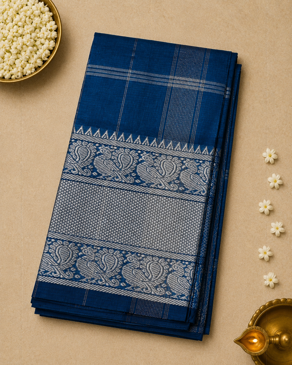 Silk by Cotton Saree in Deep Blue with Silver Zari Accents