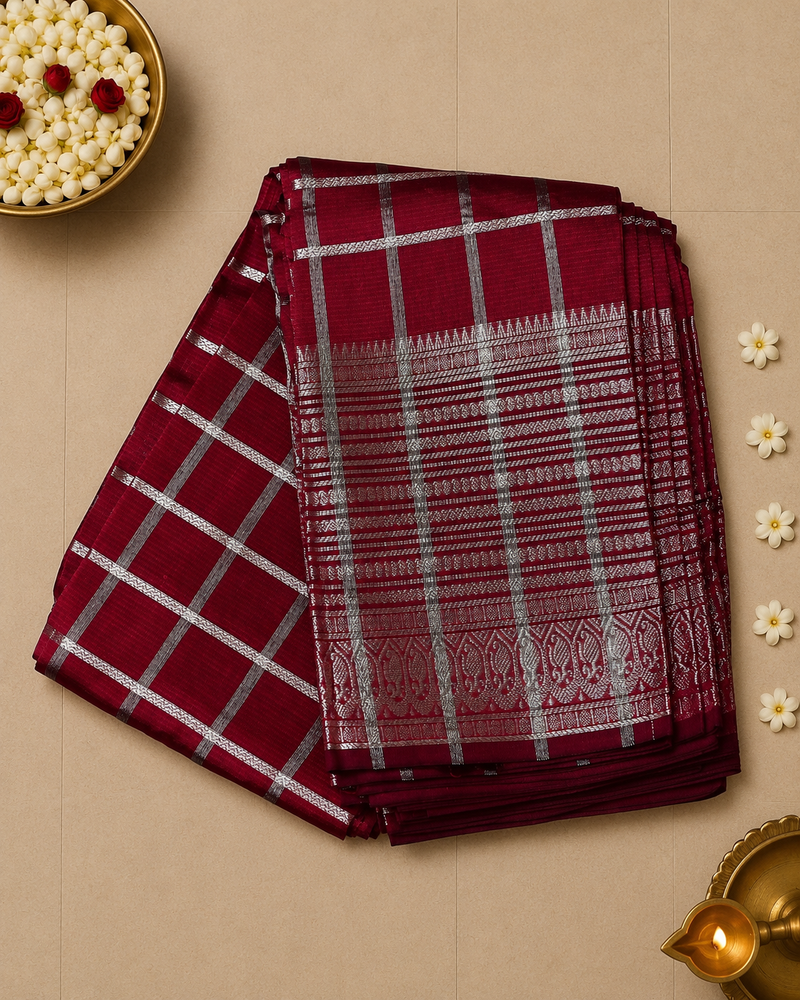 Pure Mangalagiri Silk by Cotton Saree in Deep Red with Silver Zari Checks and Stripes