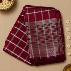 Pure Mangalagiri Silk by Cotton Saree in Deep Red with Silver Zari Checks and Stripes