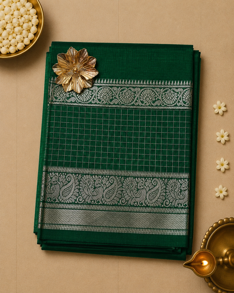 Pure Mangalagiri Silk by Cotton Saree in Emerald Green with Silver Zari Gap Border