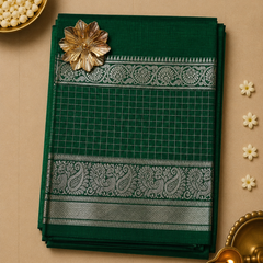 Pure Mangalagiri Silk by Cotton Saree in Emerald Green with Silver Zari Gap Border