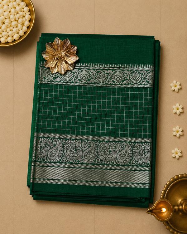 Pure Mangalagiri Silk by Cotton Saree in Emerald Green with Silver Zari Gap Border