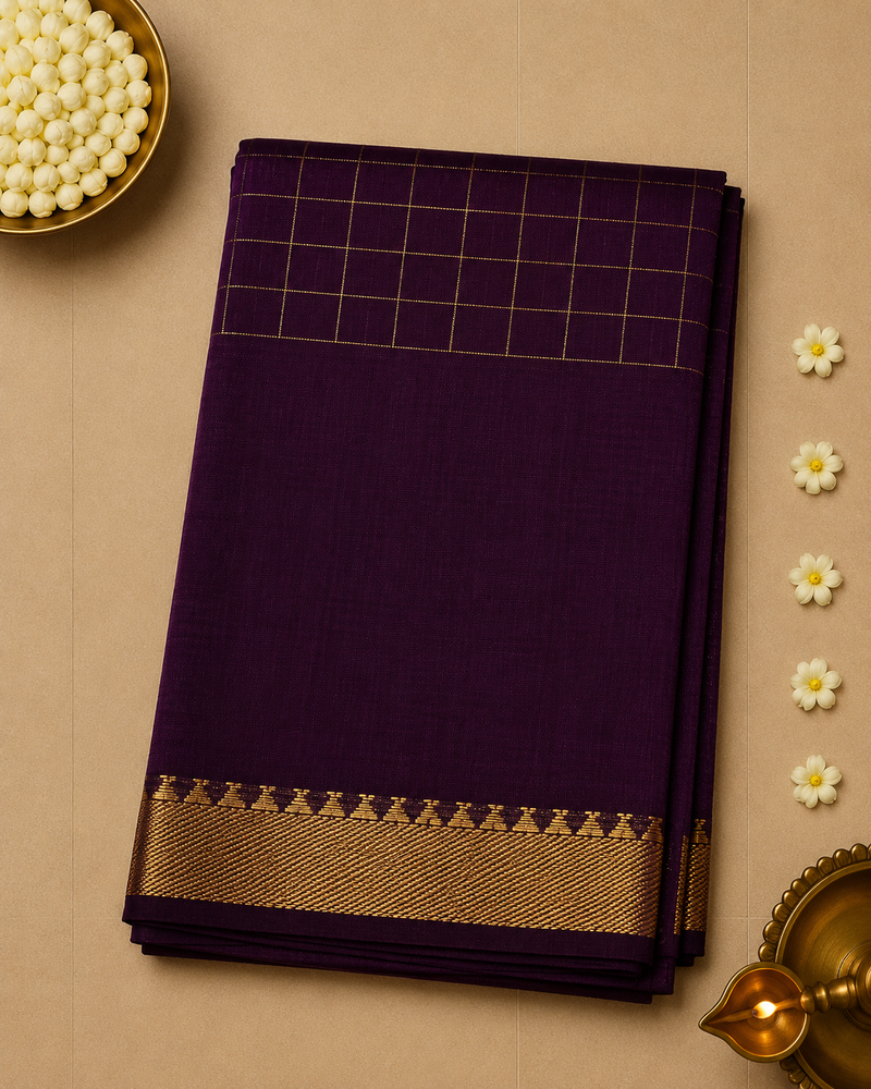 Pure Mangalagiri Silk by Cotton Saree in Plum Purple with Zari Checks