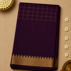 Pure Mangalagiri Silk by Cotton Saree in Plum Purple with Zari Checks