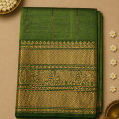 Pure Mangalagiri Silk by Cotton Saree in Green with Zari Elephant Motifs