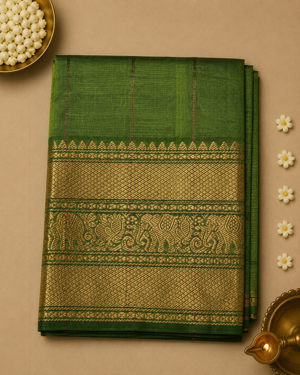 Pure Mangalagiri Silk by Cotton Saree in Green with Zari Elephant Motifs