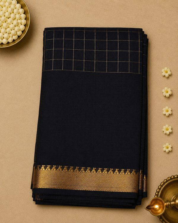 Pure Mangalagiri Silk by Cotton Saree in Black with Zari Checks