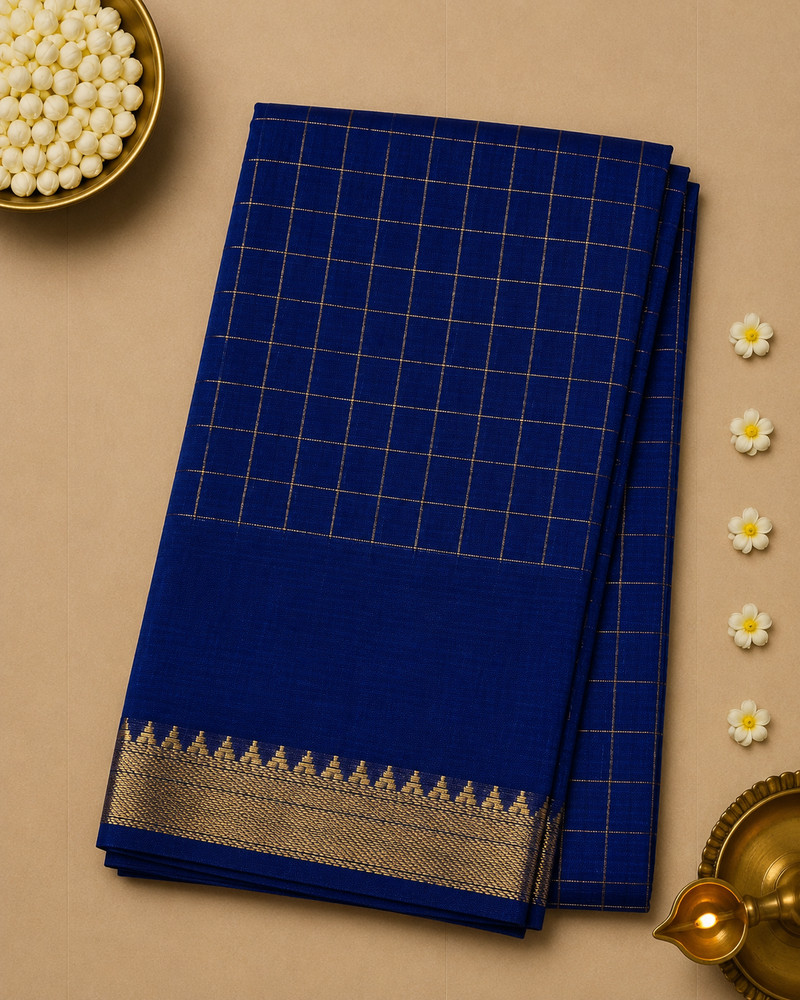 Pure Mangalagiri Silk by Cotton Saree in Royal Blue with Zari Checks
