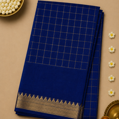 Pure Mangalagiri Silk by Cotton Saree in Royal Blue with Zari Checks