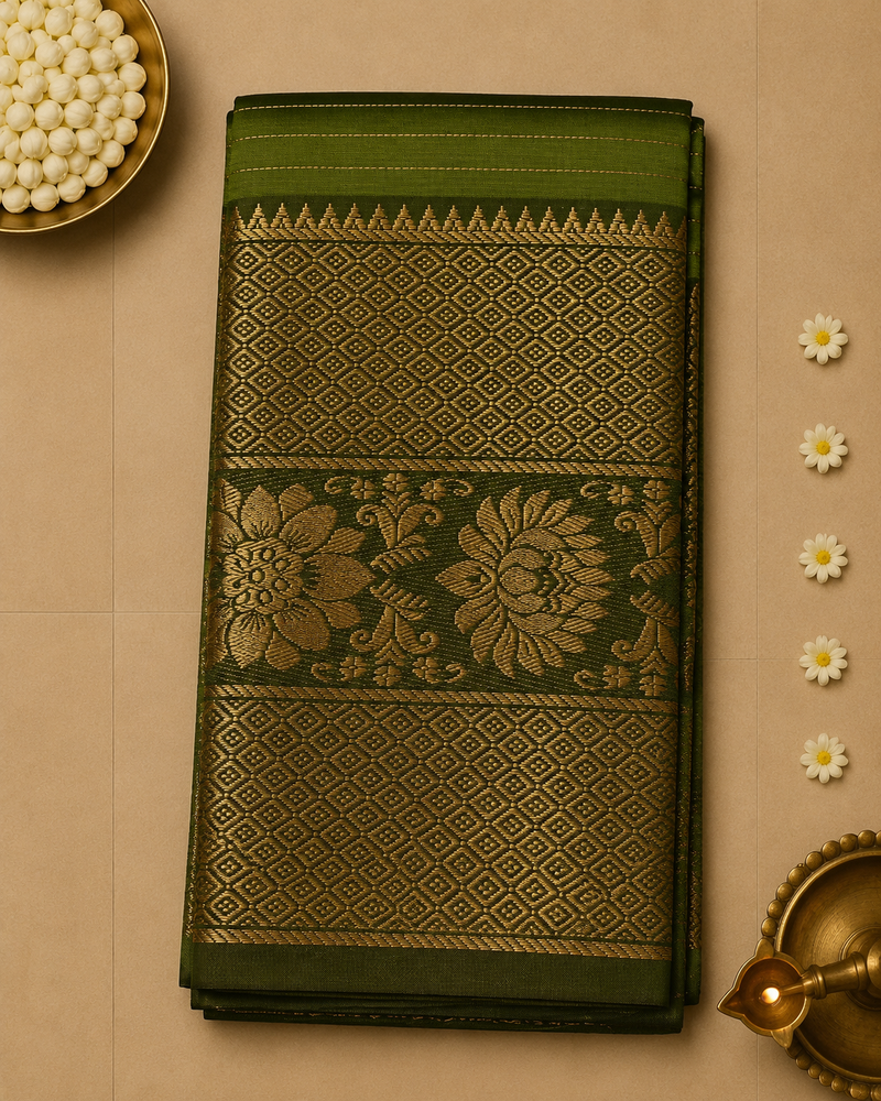 Pure Mangalagiri Silk by Cotton Saree in Parrot Green with Zari Highlights