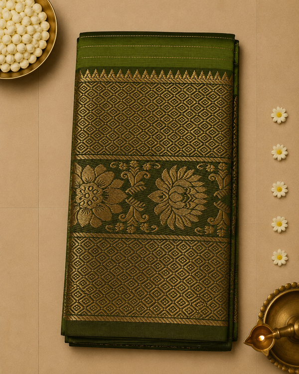 Pure Mangalagiri Silk by Cotton Saree in Parrot Green with Zari Highlights