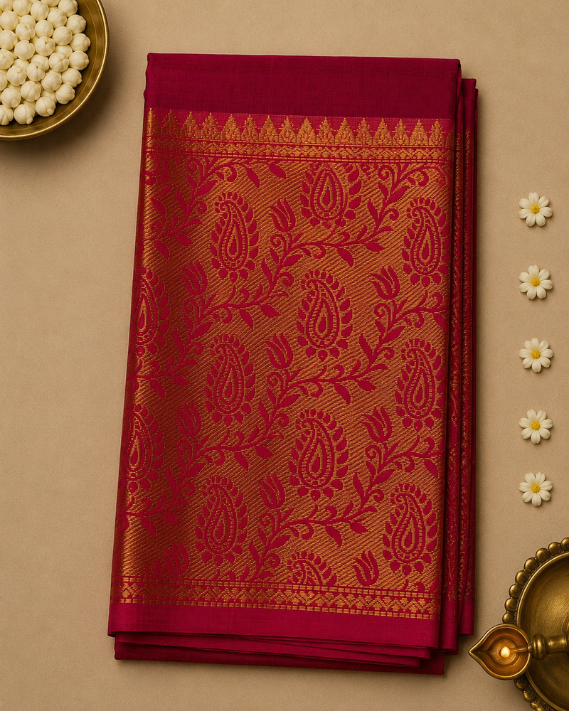 Pure Mangalagiri Silk by Cotton Saree in Red with Blue Contrast