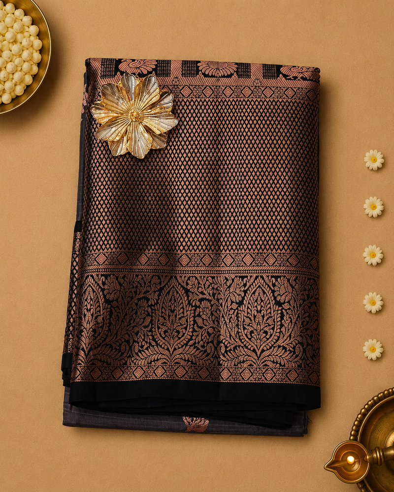 Shyamala – Charcoal Grey Venkatagiri Silk Saree with Antique Copper Border