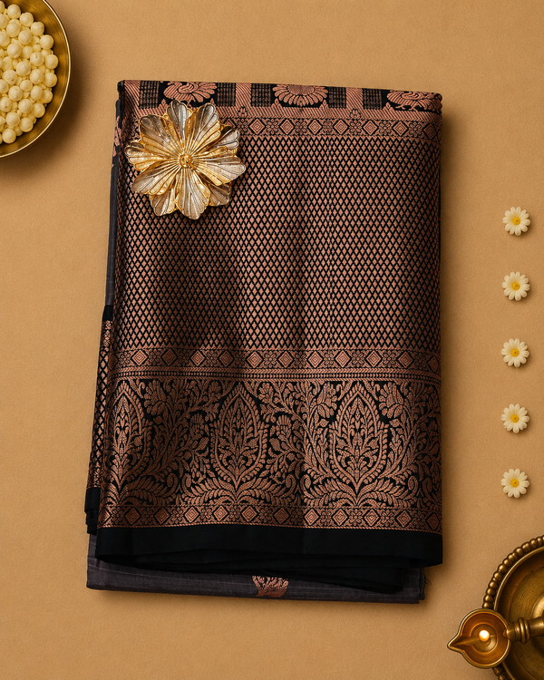 Shyamala – Charcoal Grey Venkatagiri Silk Saree with Antique Copper Border