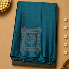 Aarmiya – Olive Green & Teal Venkatagiri Pure Silk Saree