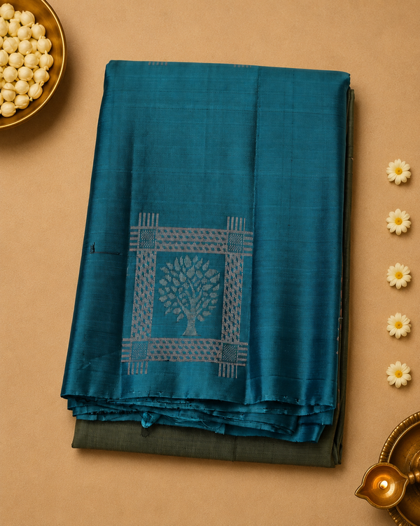 Aarmiya – Olive Green & Teal Venkatagiri Pure Silk Saree