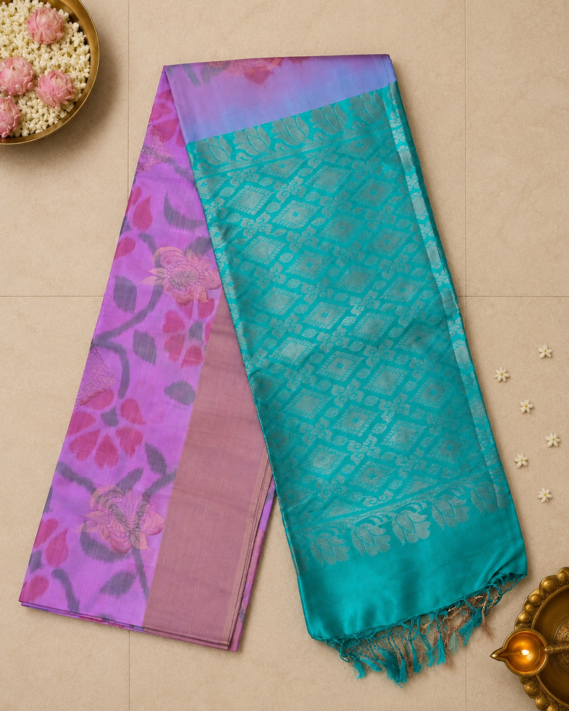 Ravinya – Teal & Lavender Uppada Silk Saree