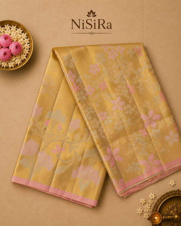 Aarunya – Ivory Gold & Pink Kanjivaram Silk Saree