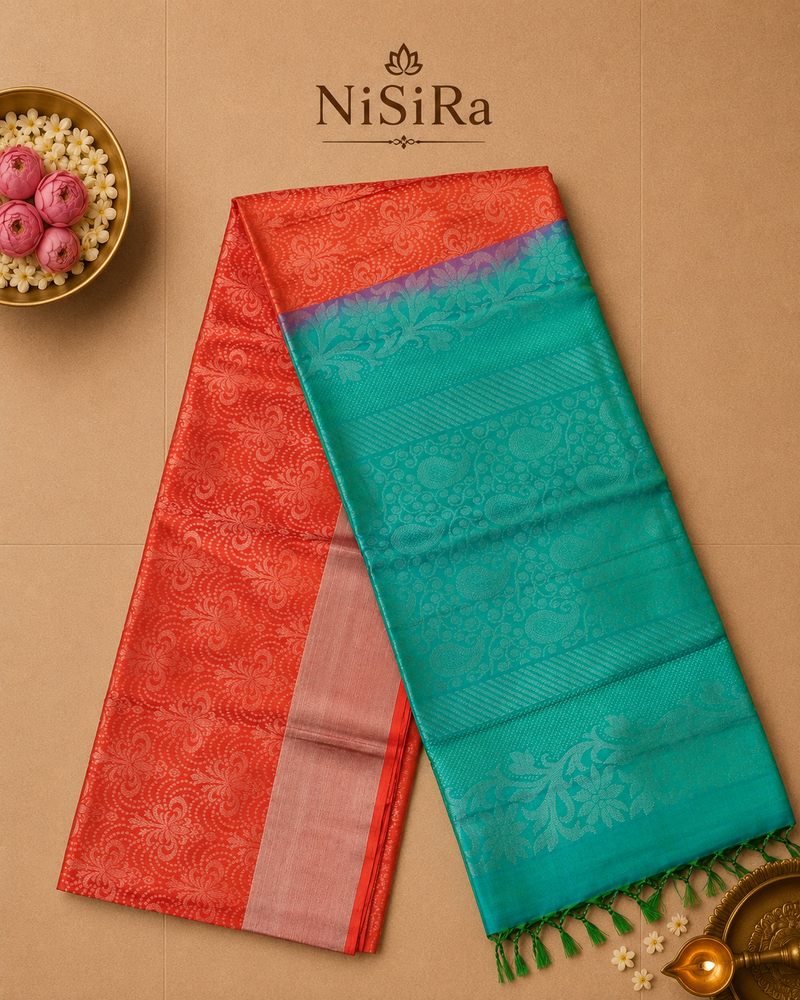 Charitha – Red-Orange & Green Uppada Jamdani Silk Saree