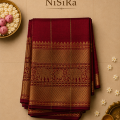 Pure Mangalagiri Silk by Cotton Saree in Maroon with Zari Elephant Motifs
