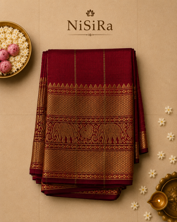 Pure Mangalagiri Silk by Cotton Saree in Maroon with Zari Elephant Motifs