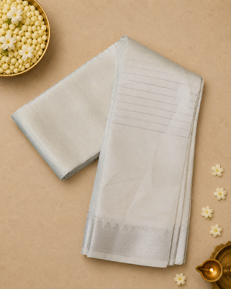 Ivory White Mangalagiri Saree with Subtle Silver Border