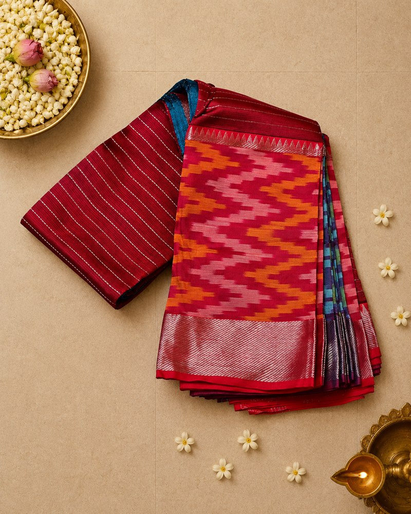 Pure Mangalagiri Silk by Cotton Saree in Blue with Contrast Red and Pochampally Border