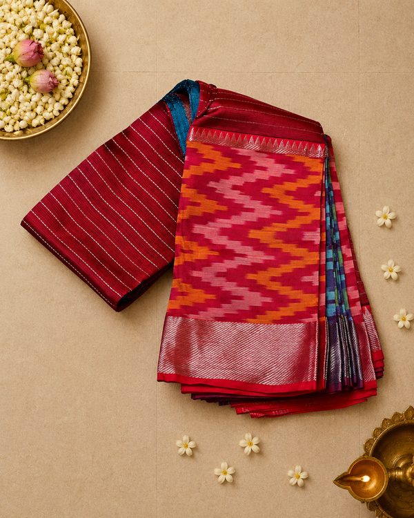 Pure Mangalagiri Silk by Cotton Saree in Blue with Contrast Red and Pochampally Border