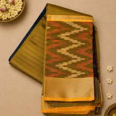 Pure Mangalagiri Silk by Cotton Saree in Blue with Mustard Pallu & Pochampally Border