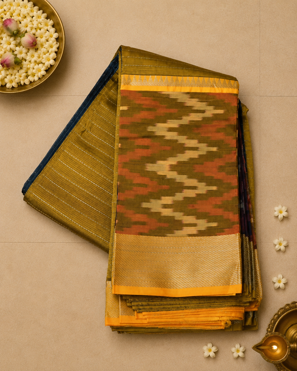 Pure Mangalagiri Silk by Cotton Saree in Blue with Mustard Pallu & Pochampally Border