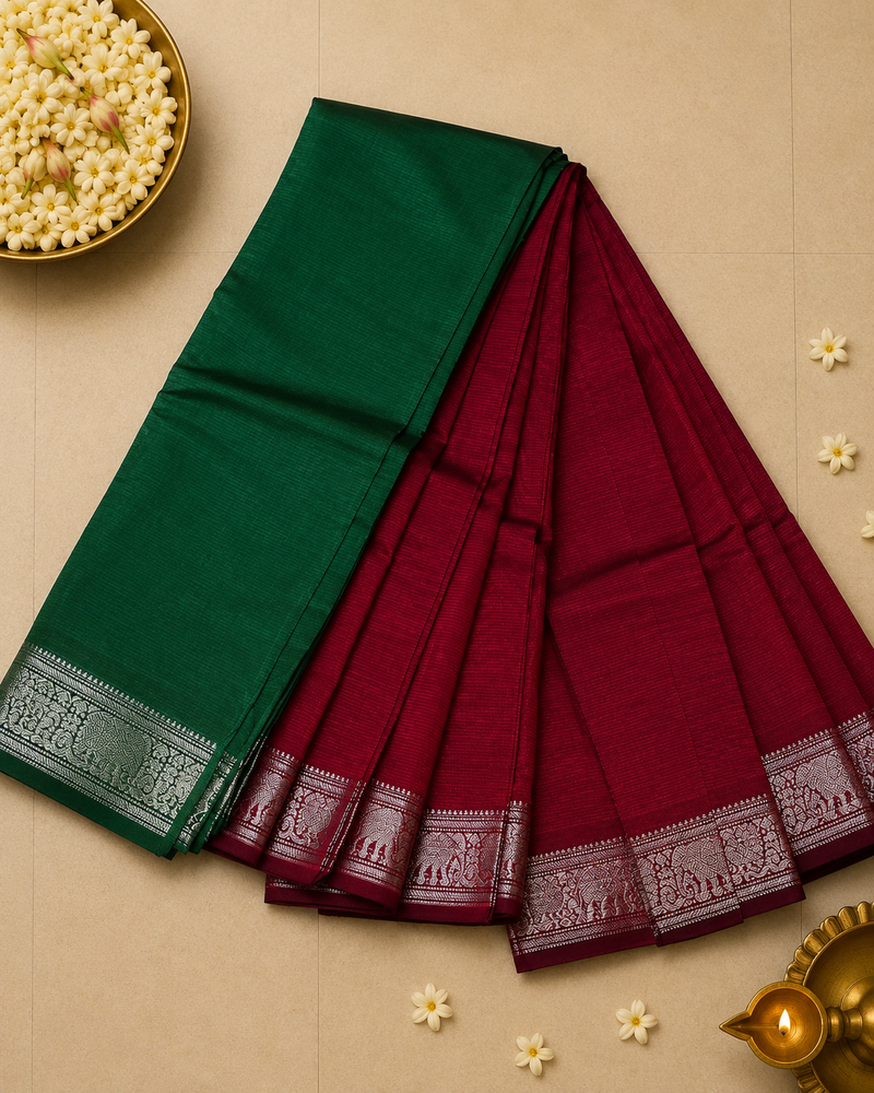 Pure Mangalagiri Silk by Cotton Saree in Pink with Green Contrast
