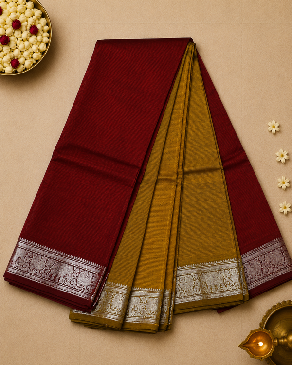 Pure Mangalagiri Silk by Cotton Saree in Mustard with Red Contrast