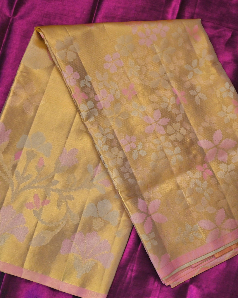 Aarunya – Ivory Gold & Pink Kanjivaram Silk Saree