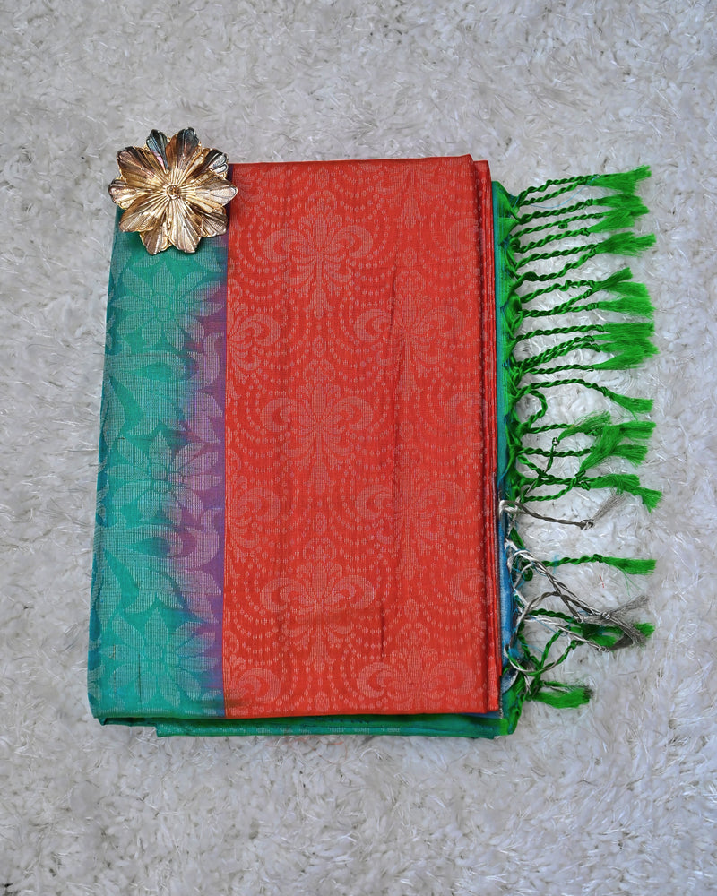 Charitha – Red-Orange & Green Uppada Jamdani Silk Saree