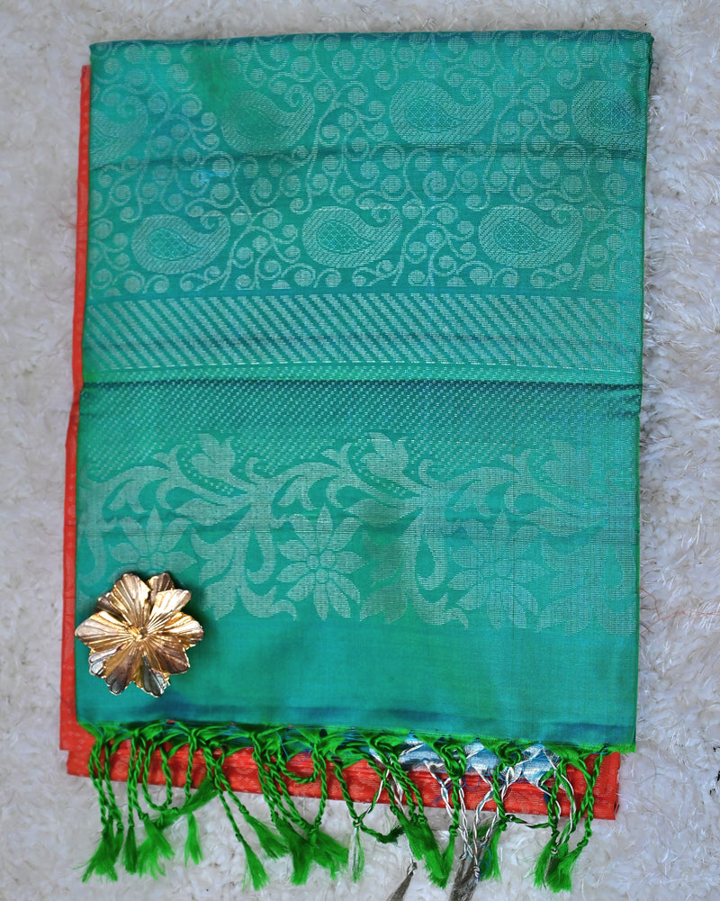 Charitha – Red-Orange & Green Uppada Jamdani Silk Saree