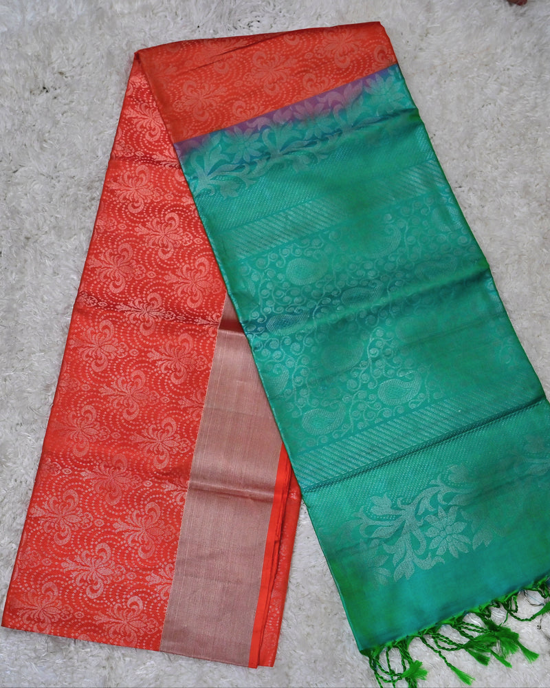 Charitha – Red-Orange & Green Uppada Jamdani Silk Saree