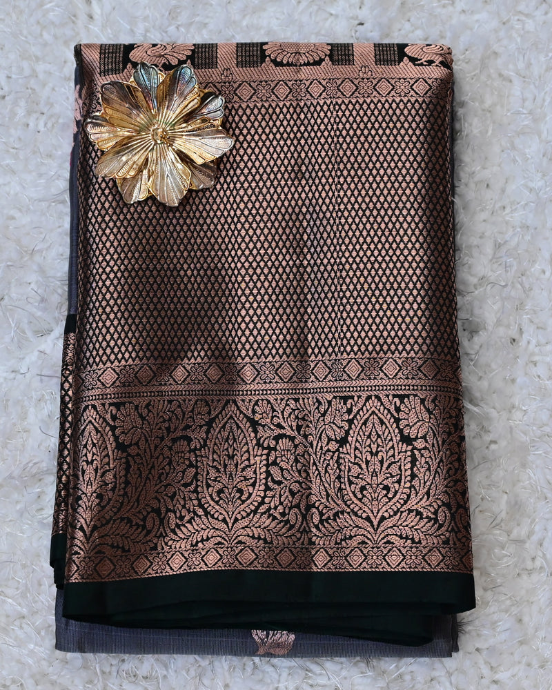 Shyamala – Charcoal Grey Venkatagiri Silk Saree with Antique Copper Border