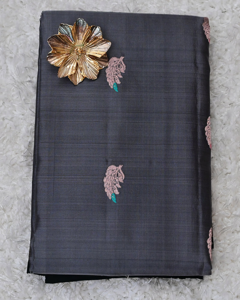 Shyamala – Charcoal Grey Venkatagiri Silk Saree with Antique Copper Border