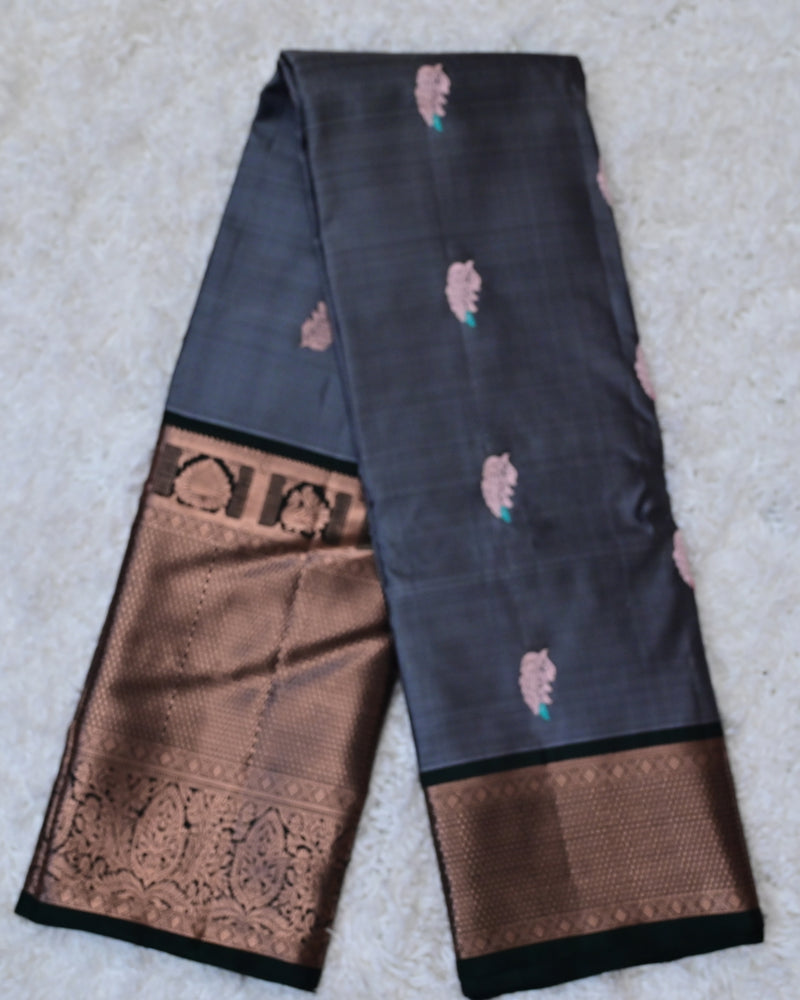 Shyamala – Charcoal Grey Venkatagiri Silk Saree with Antique Copper Border