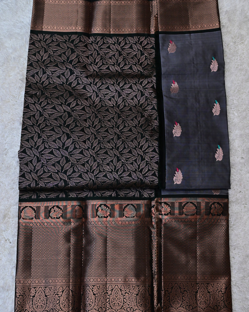 Shyamala – Charcoal Grey Venkatagiri Silk Saree with Antique Copper Border