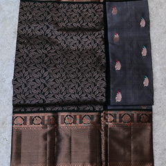 Shyamala – Charcoal Grey Venkatagiri Silk Saree with Antique Copper Border